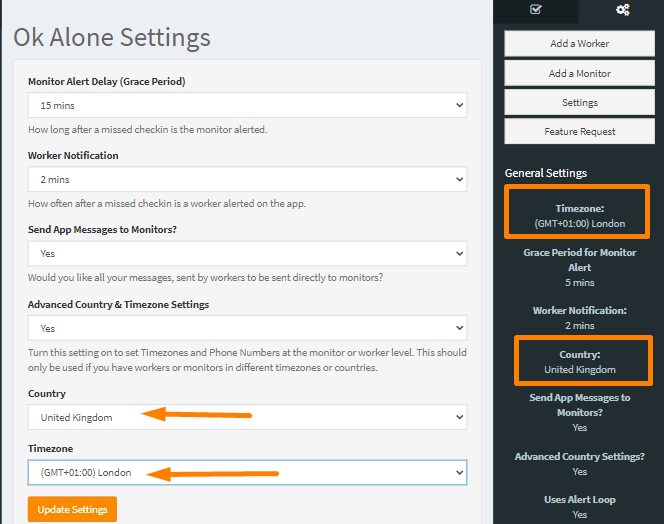 Your current company timezone and country settings