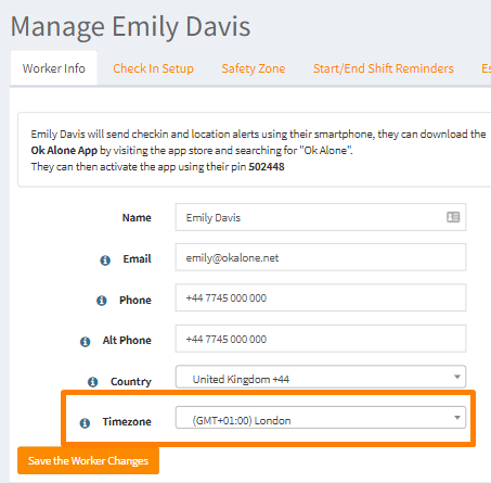 The worker timezone can be set in their settings or when they are created